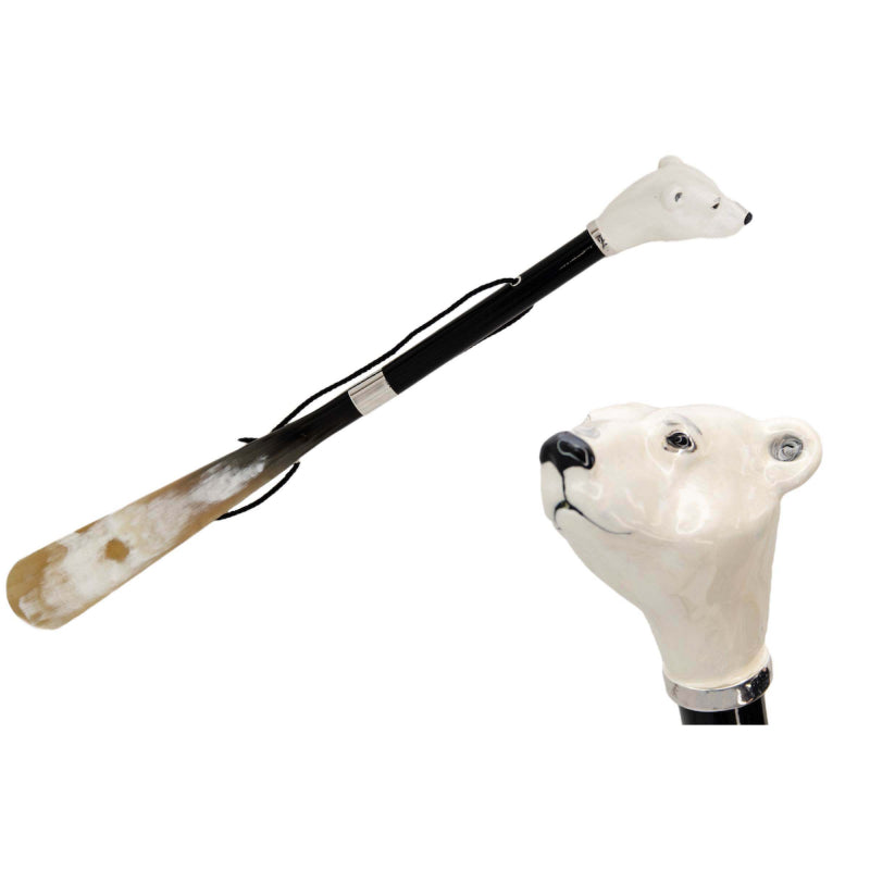 Pasotti polar bear head shoehorn with natural horn blade, full view with a close-up of the bear head — CS K71PC
