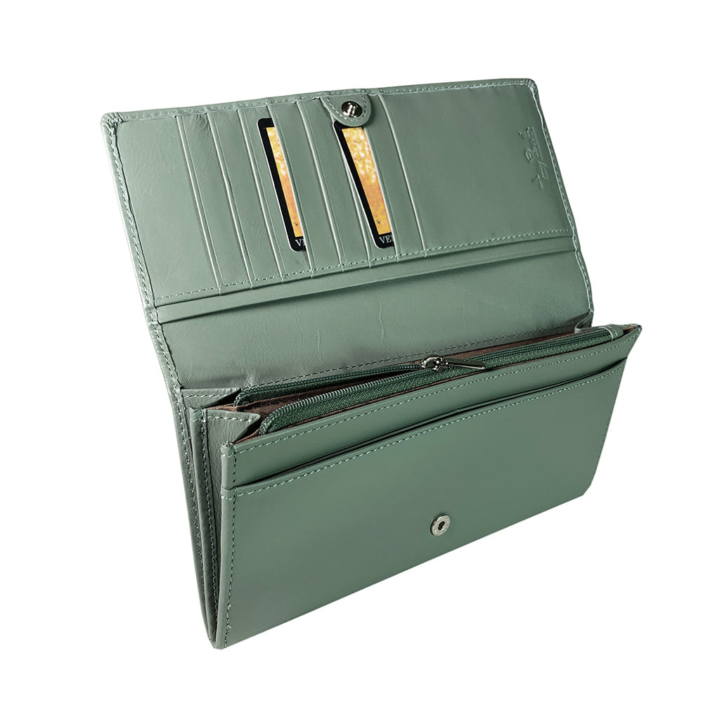 Sage green New Rainbow flap wallet at an angle showing snap closure