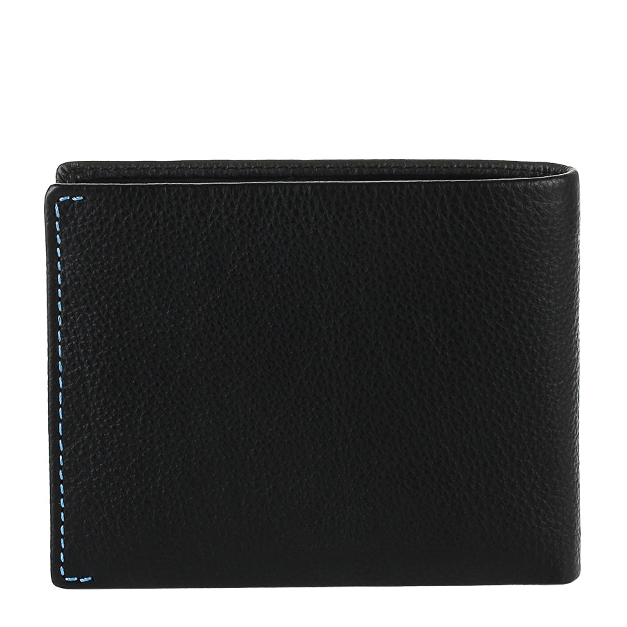 Tony Perotti Timone 11012 black leather bifold wallet, back view with light blue contrast stitching