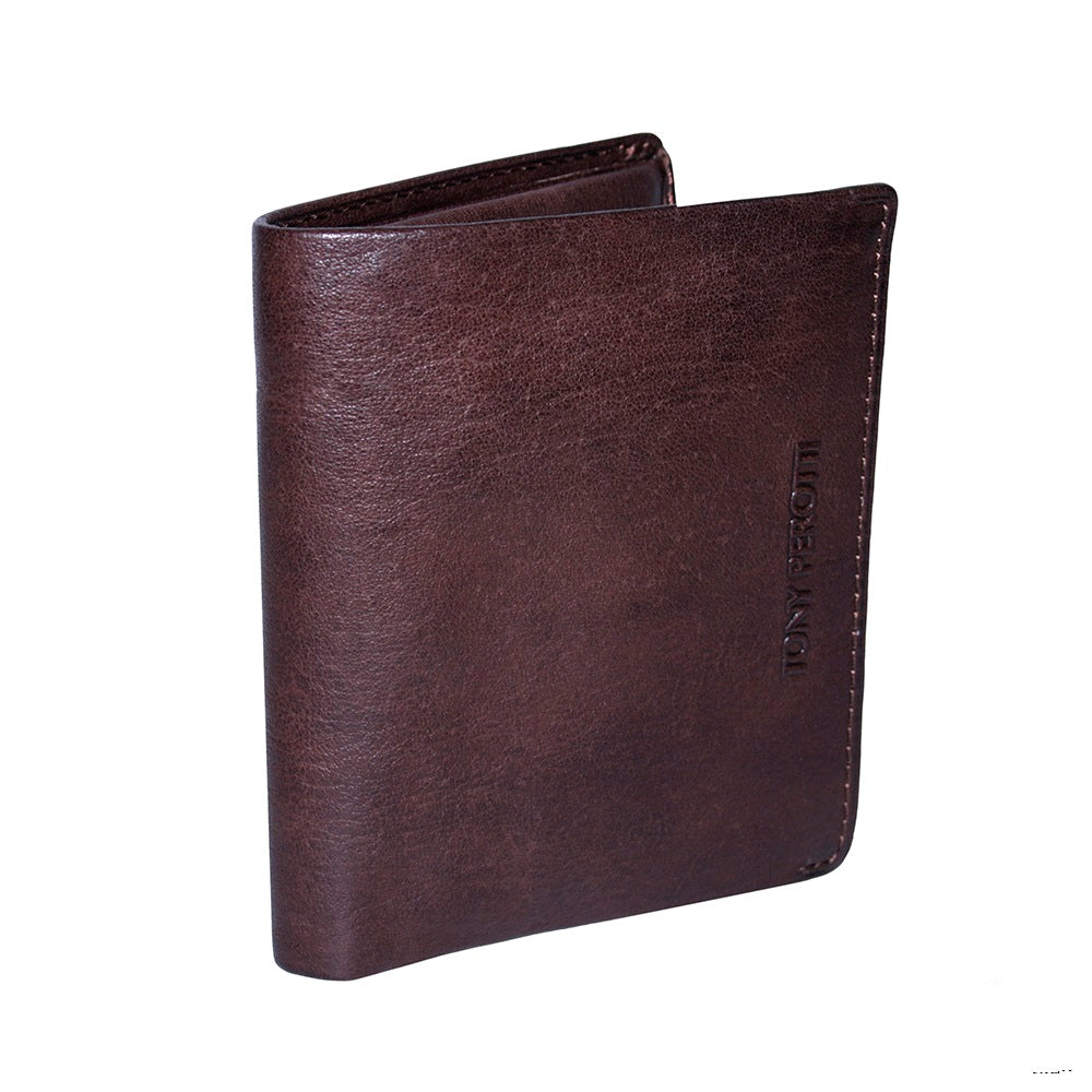 Tony Perotti Varsavia 3480 caffe brown bull leather wallet standing closed, three-quarter view