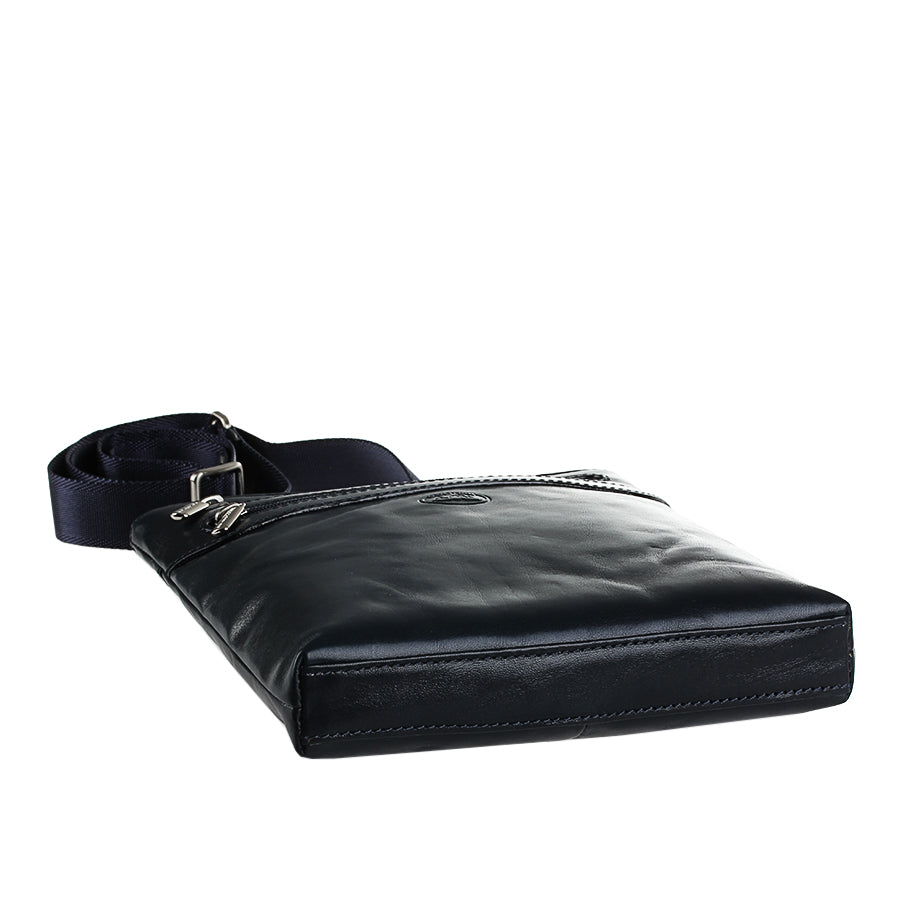 Tony Perotti Italico 6048 navy bag lying flat — structured bottom and navy jacquard strap