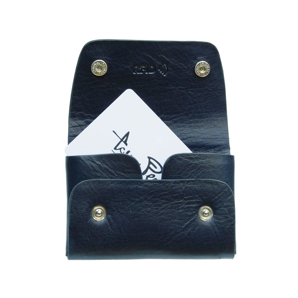 Tony Perotti Nevada 3740+RFID navy card holder open — RFID emboss, two snaps and a card inside