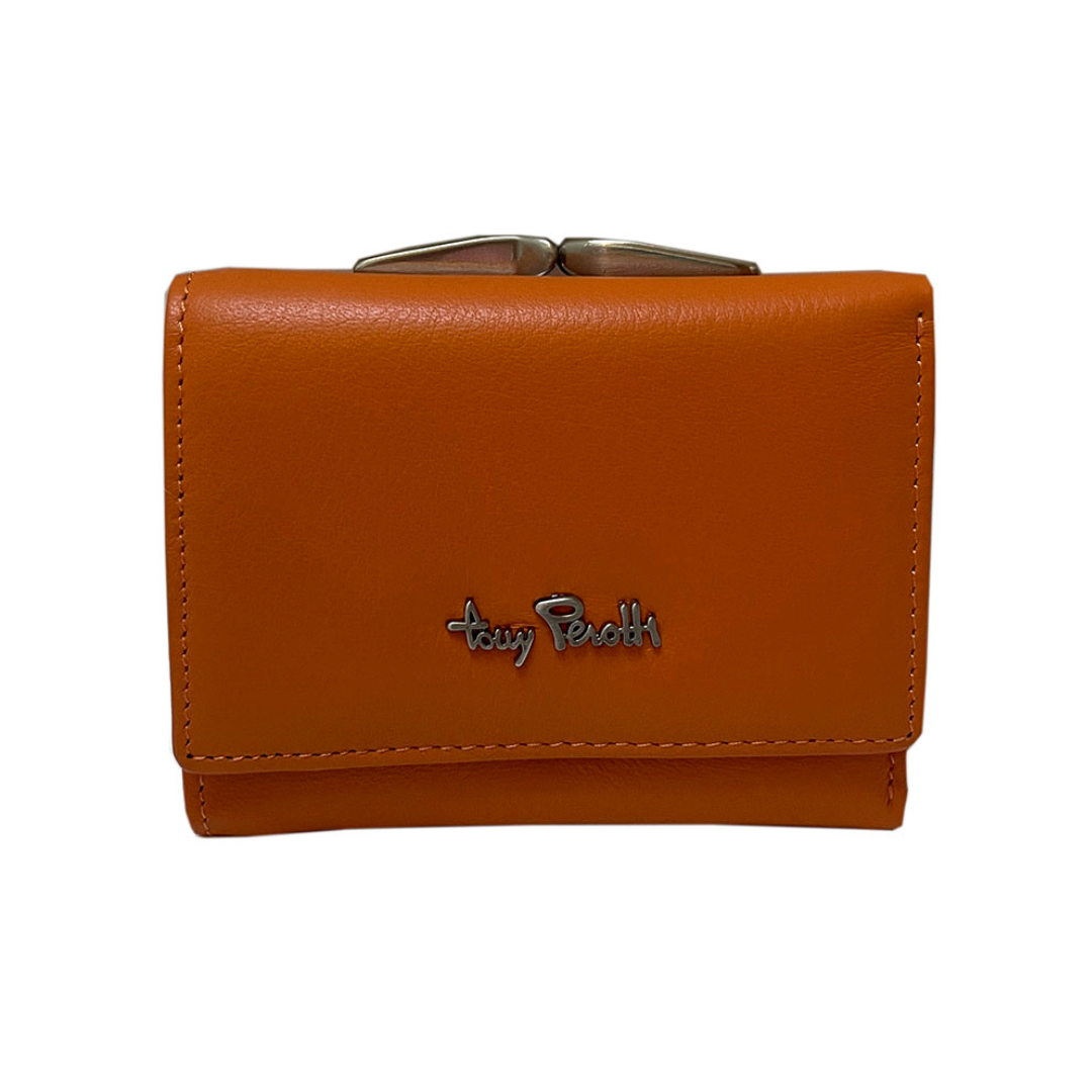 Tony Perotti Contatto 1527D arancio wallet — closed front view with metal logo