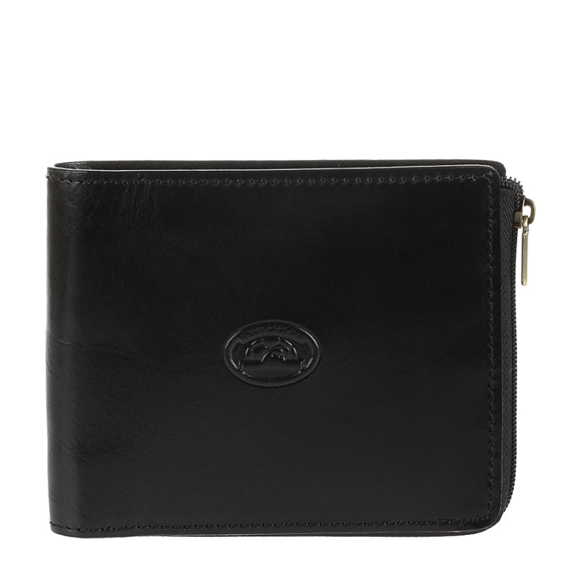 Black leather zip bifold wallet Tony Perotti Italico 3645 nero — front with embossed turtle emblem