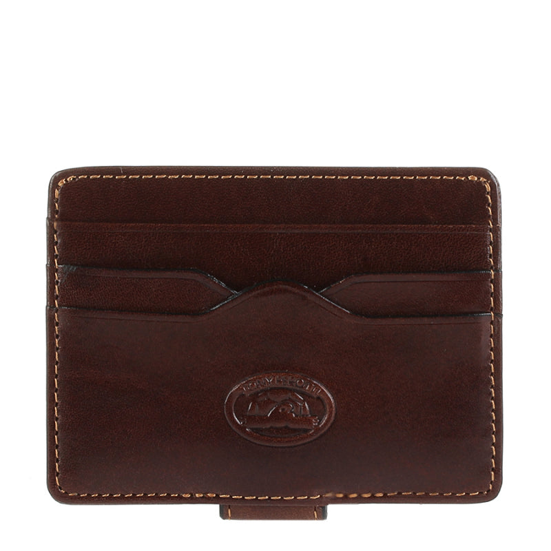 Tony Perotti dark brown bull leather card holder with money clip and embossed logo — Italico 2553 moro