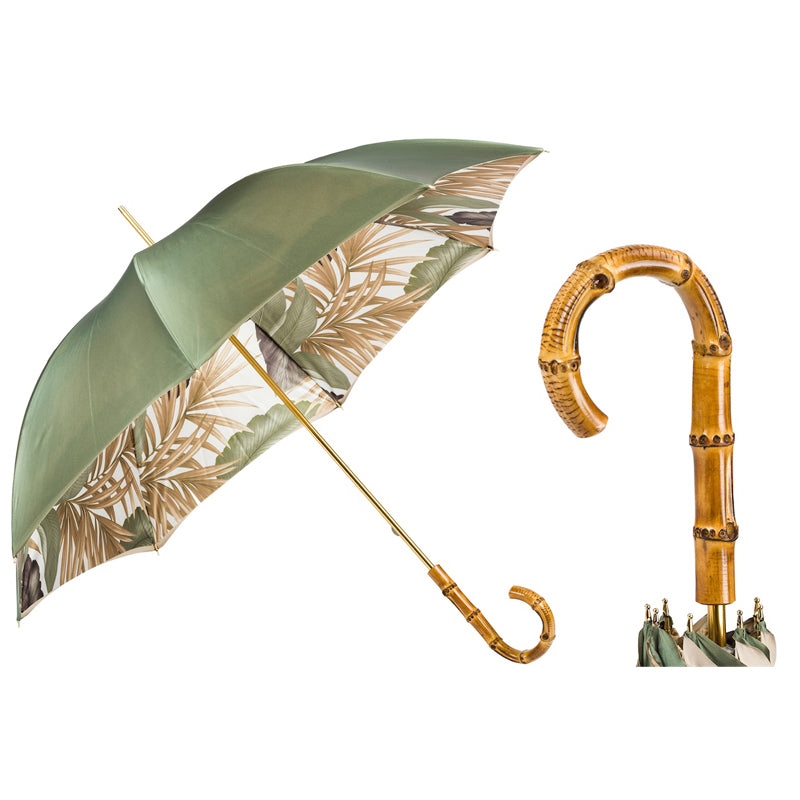 Pasotti women's green umbrella with tropical leaf print and bamboo handle, open, with a close-up of the handle — 189 55123-276 Z20