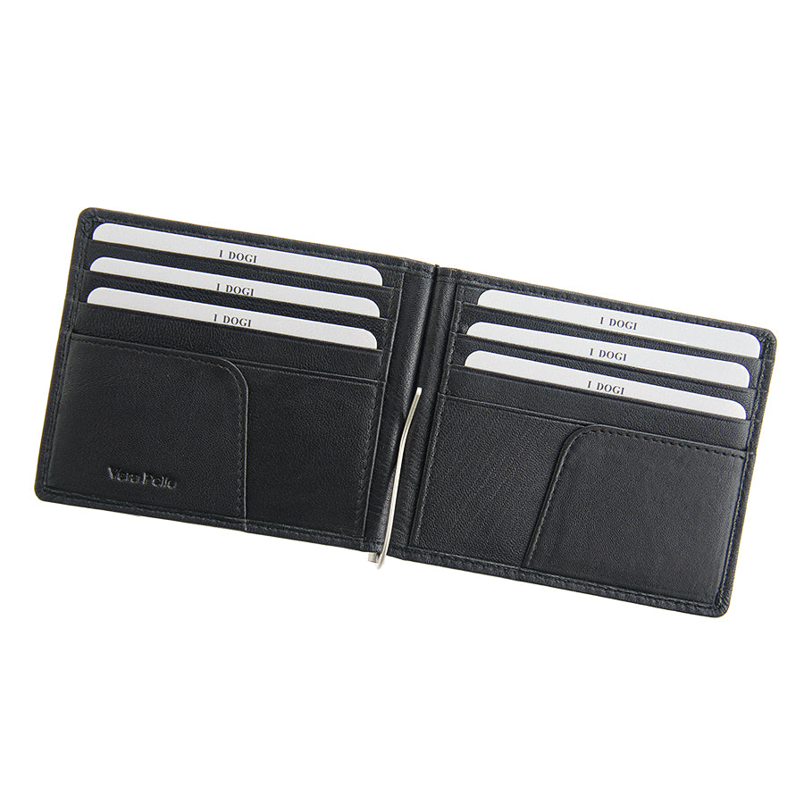 Open black leather money clip wallet with card slots — Tony Perotti Cortina 5000
