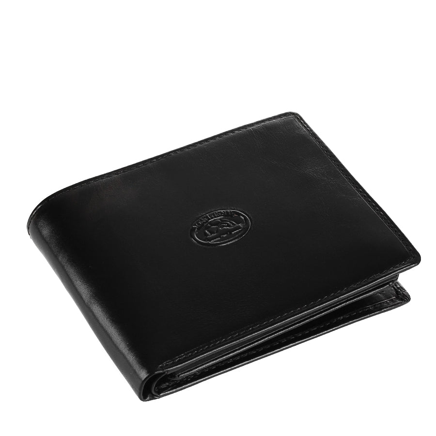 Black leather bifold wallet Tony Perotti Italico 3620 nero — closed, angled top view of the edges