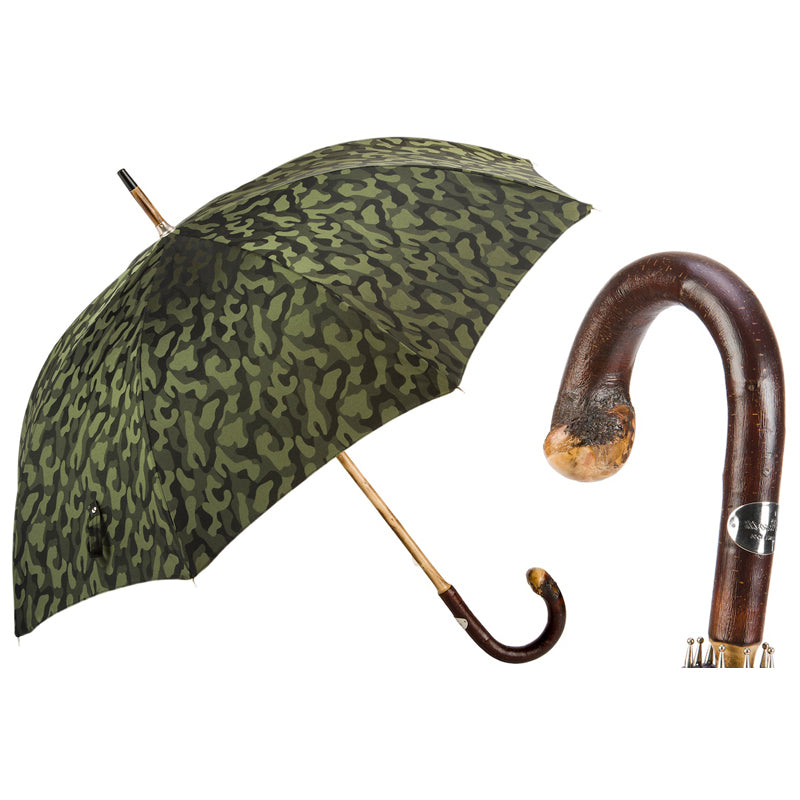 Pasotti men's green camouflage umbrella with one-piece chestnut handle, open, with a close-up of the handle — 142 11780-254 CBR
