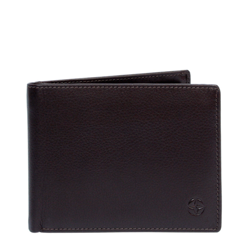 Dark brown Tony Perotti Cortina 5036 leather bifold wallet seen straight on, closed, with the embossed compass rose in the lower corner