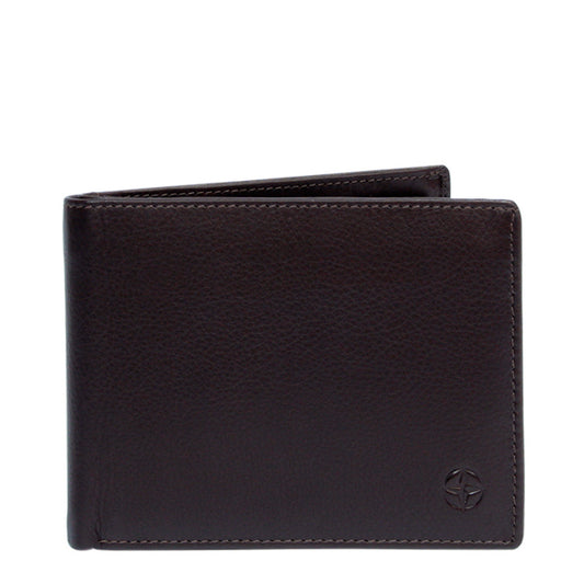 Dark brown Tony Perotti Cortina 5036 leather bifold wallet seen straight on, closed, with the embossed compass rose in the lower corner