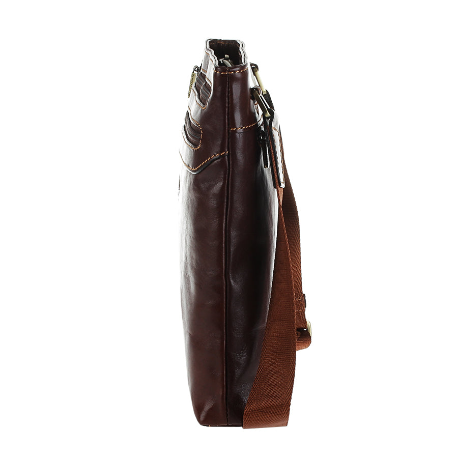Side profile of the dark brown Italico 6048 bag — slim gusset and light brown shoulder strap