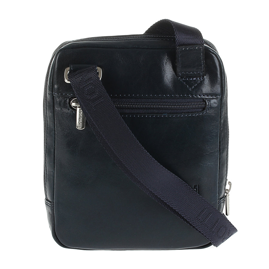 Back of the small navy Italico 6056 bag — rear flat zip pocket and navy jacquard strap