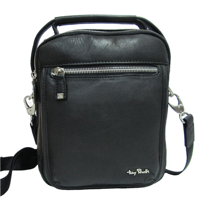 Black Tony Perotti Contatto 9743 leather shoulder bag seen straight on — two short handles, front zip pocket and the metal Tony Perotti signature