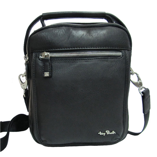 Black Tony Perotti Contatto 9743 leather shoulder bag seen straight on — two short handles, front zip pocket and the metal Tony Perotti signature