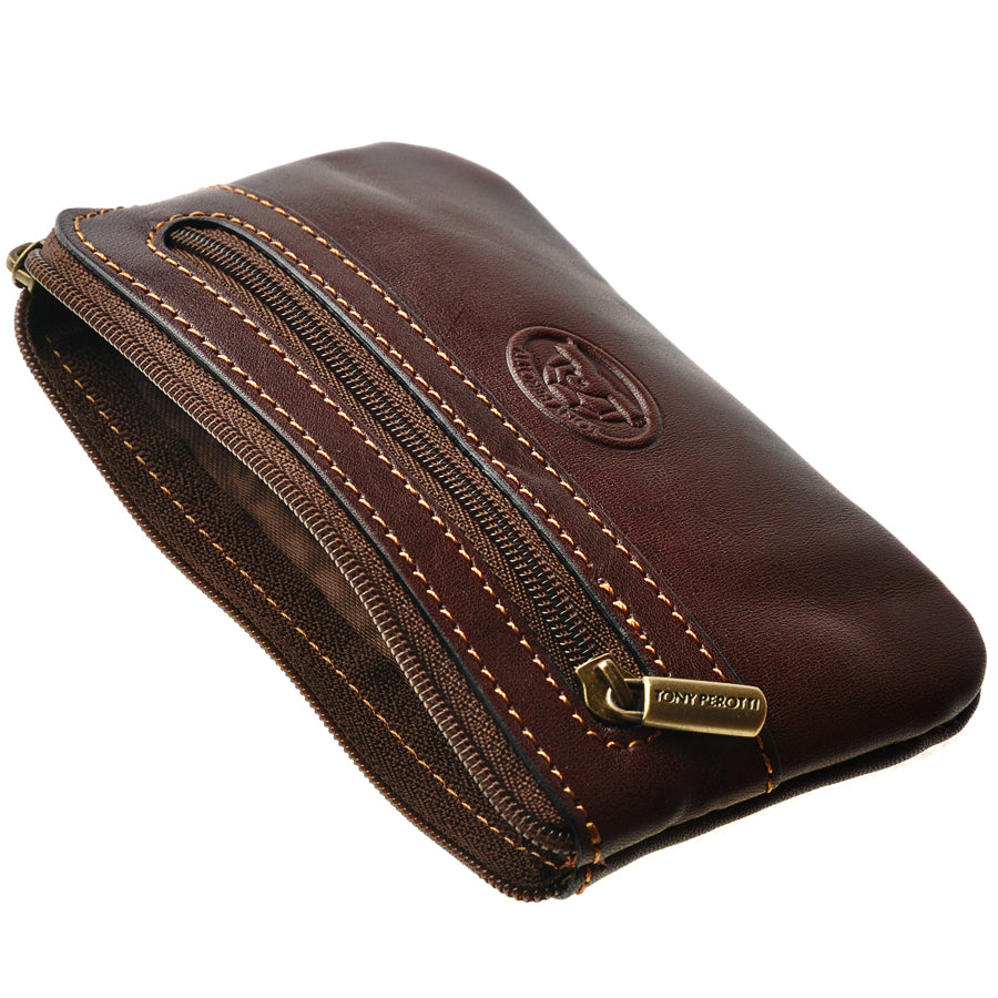 Dark brown leather key pouch open, woven check lining inside — Tony Perotti Italico 359 moro