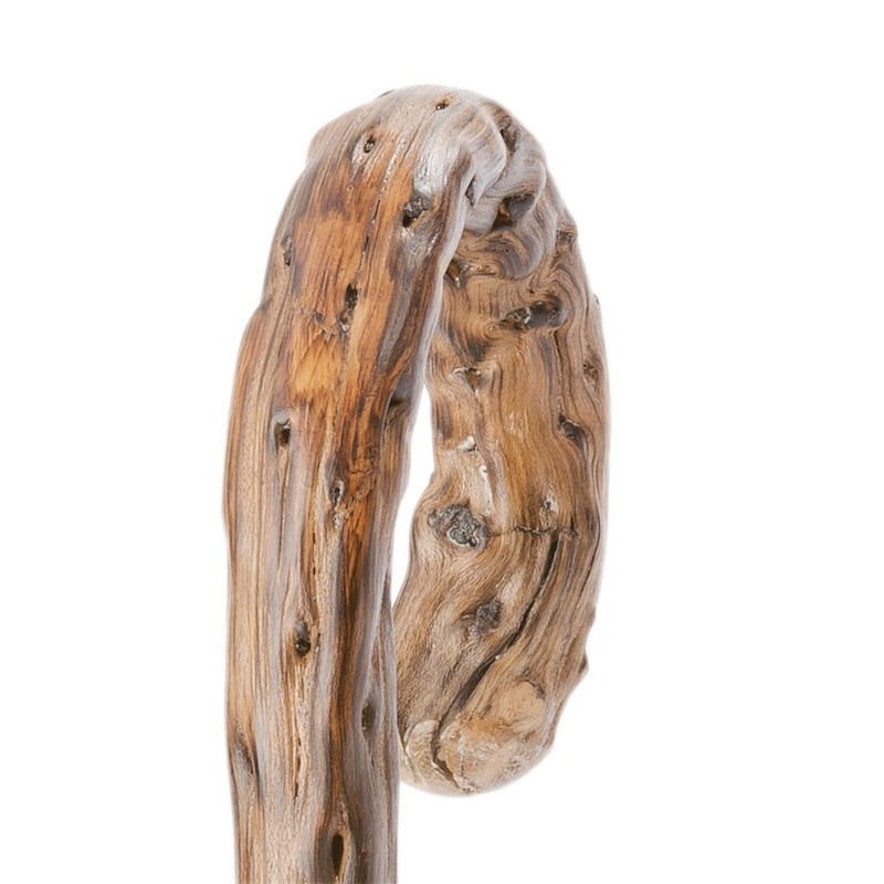 Gorse wood crook handle with natural knots and hollows, close-up, handcrafted in Italy