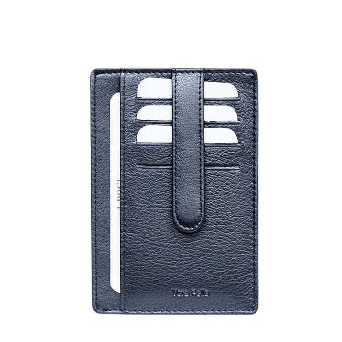 Tony Perotti Cortina 5001 navy — back face with the strap down the centre, four card slots and the full-height slip pocket at the side