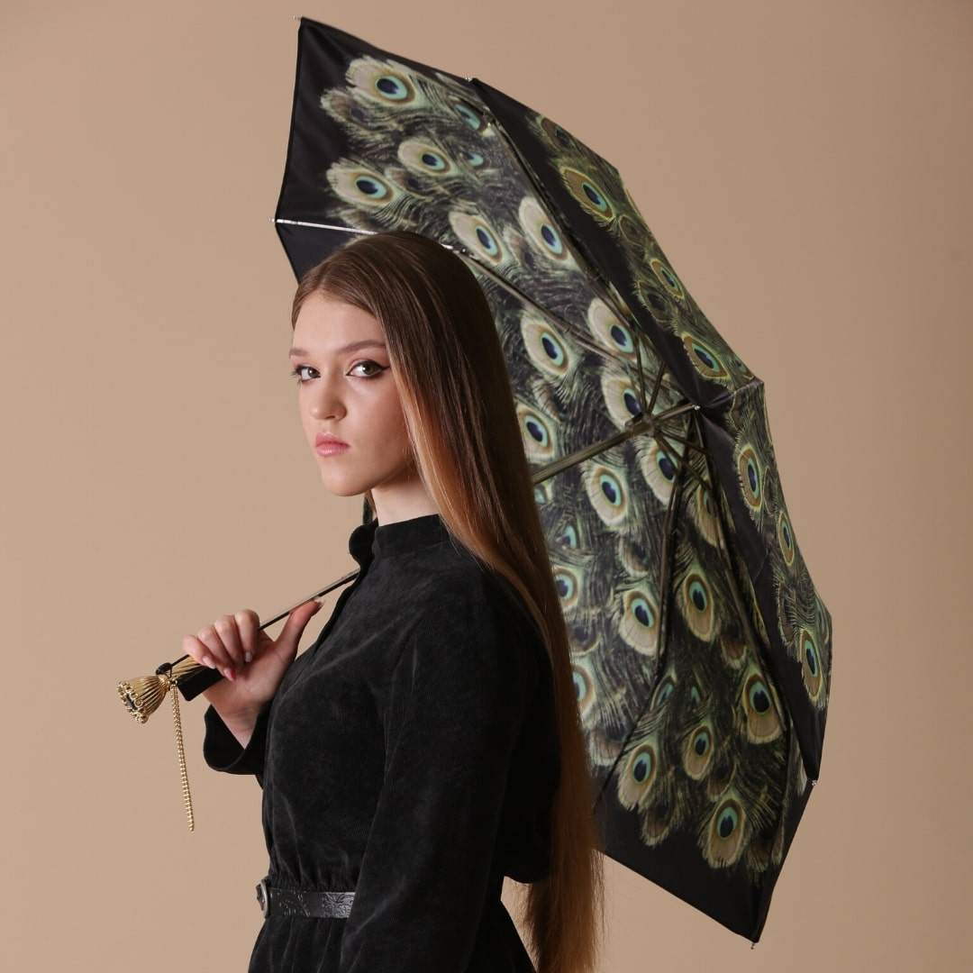 Umbrella women's black with peacock print Pasotti 257 HAWAII P11