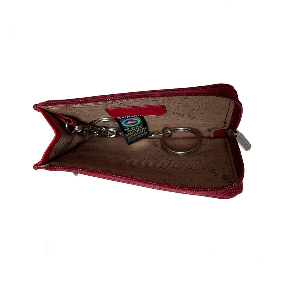 Tony Perotti Swarovski 1941L marlboro — the case unzipped flat, showing the signature-print lining, a key ring on its chain and the hologram authenticity tag