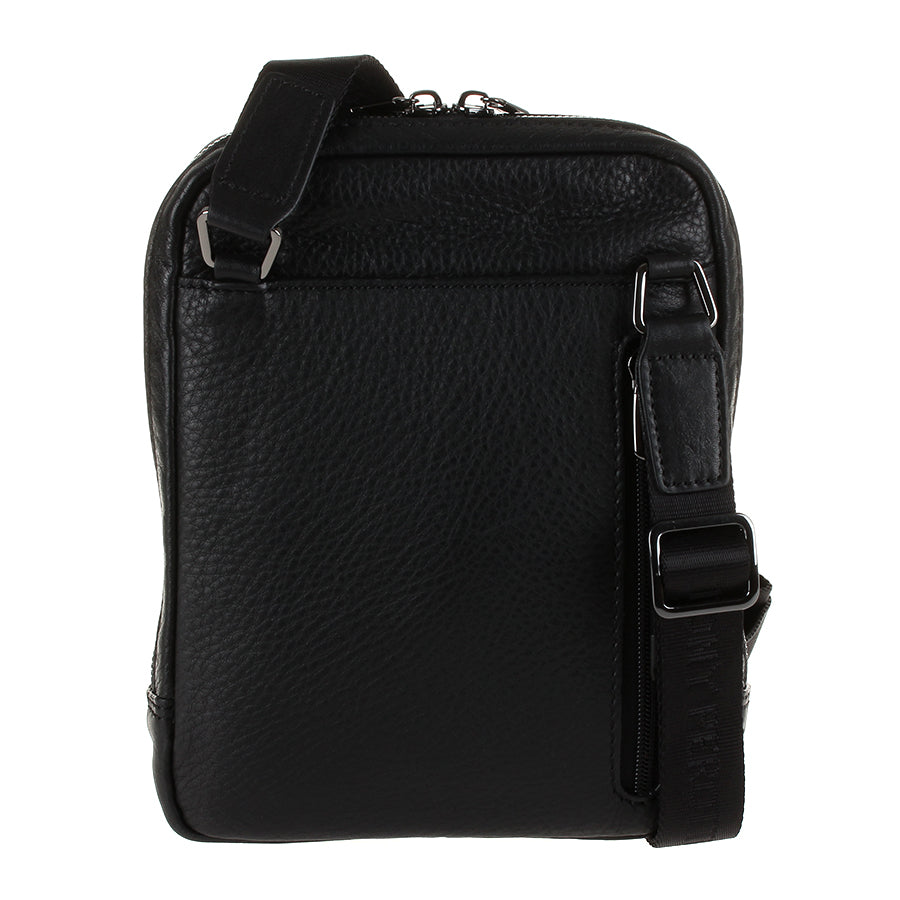 Tony Perotti New Contatto 9984-17 nero black leather crossbody bag, back view with the adjustable webbing strap