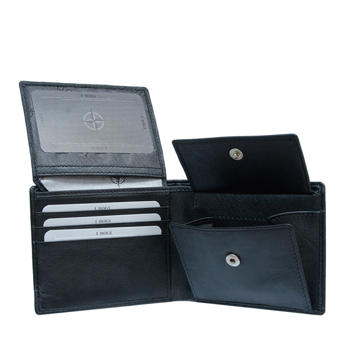 Black leather bifold wallet interior with ID windows, handcrafted in Italy — Tony Perotti Cortina 5078