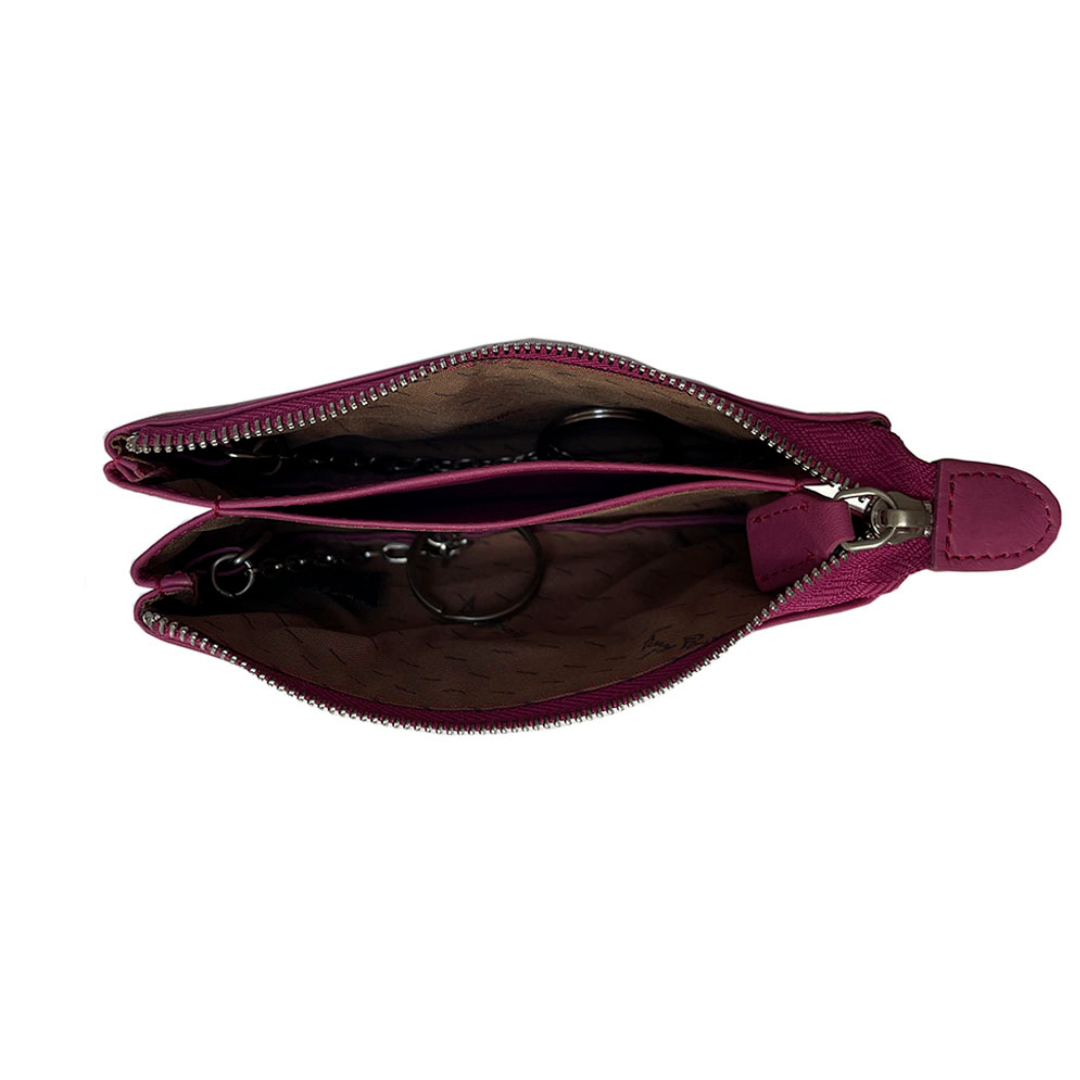Tony Perotti Contatto 3350 dalia — opened: two compartments split by a leather divider, a ring on a chain in each