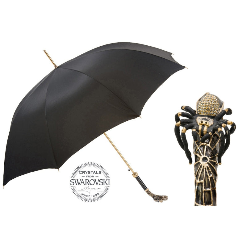 Pasotti men's black umbrella with tarantula handle and Swarovski crystals, open, with a close-up of the handle — 479 Oxf-18 K38