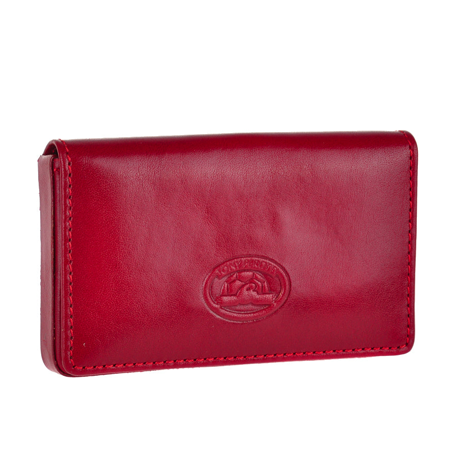 Red leather business card holder closed, angled view — Tony Perotti Italico 2678 rosso