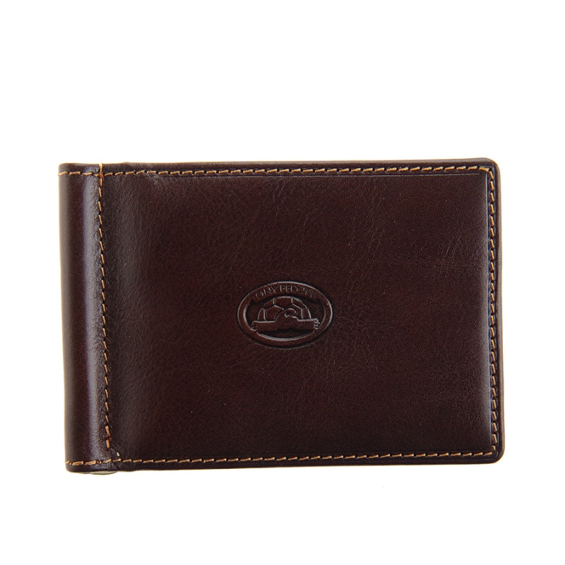Tony Perotti Italico 2312 moro dark brown leather money clip wallet — closed front view with the embossed oval Tony Perotti emblem, contrasting orange stitching and the metal clip along the spine