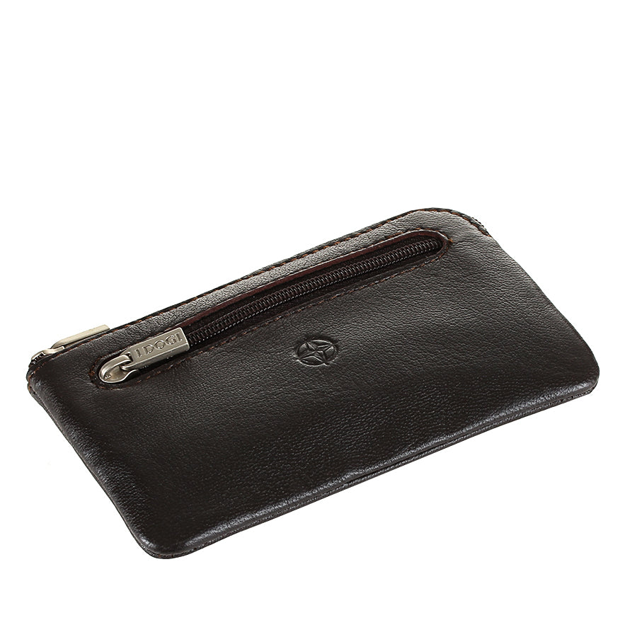 Dark brown leather key pouch lying at an angle, front zip pocket in view — Tony Perotti Cortina 5002 moro