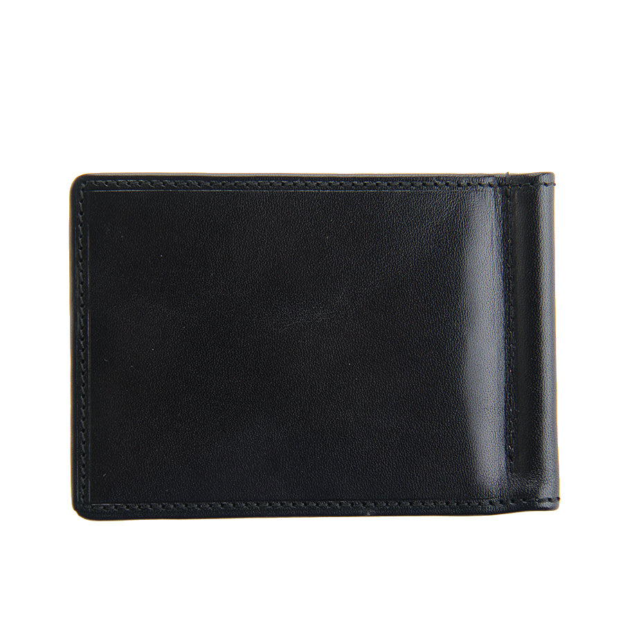 Tony Perotti Italico 2312 nero black leather money clip wallet — closed back view, plain smooth leather with the clip at the edge