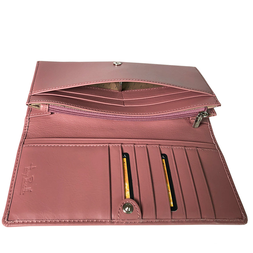 Interior of the powder pink wallet showing card slots and document pockets