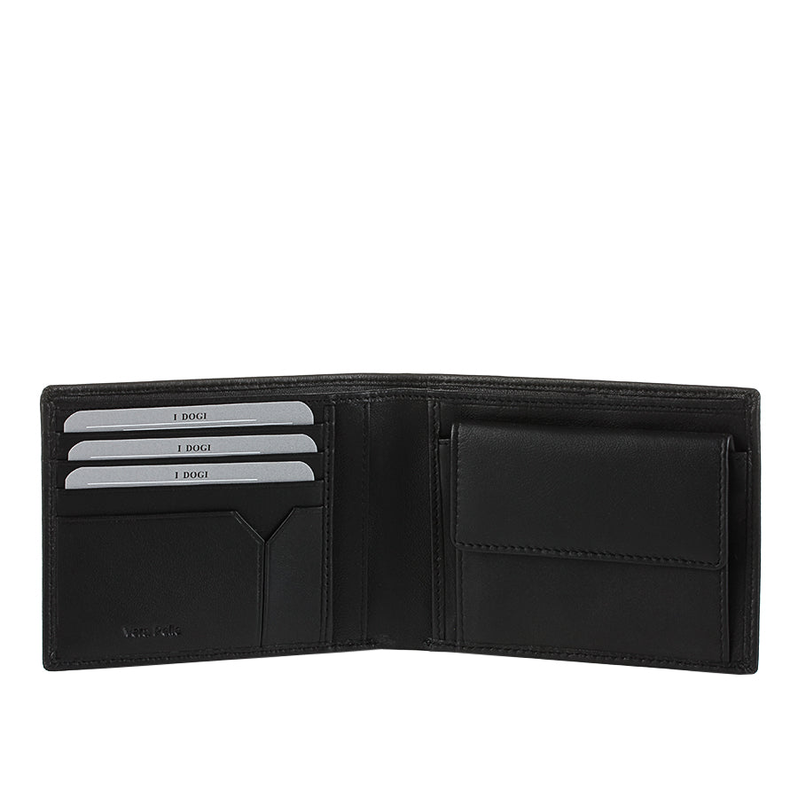 Tony Perotti Cortina 5013 nero opened — card slots and a slip pocket on the left, the snap coin pocket on the right