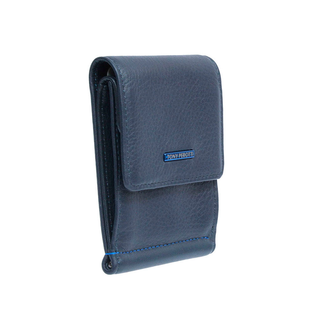 Navy leather flap money clip angled view — Tony Perotti New Contatto 3595
