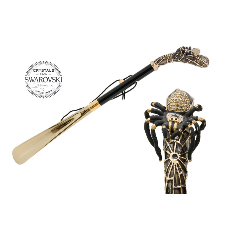 Pasotti spider shoehorn with Swarovski crystals, full view with a close-up of the spider handle — CS K38
