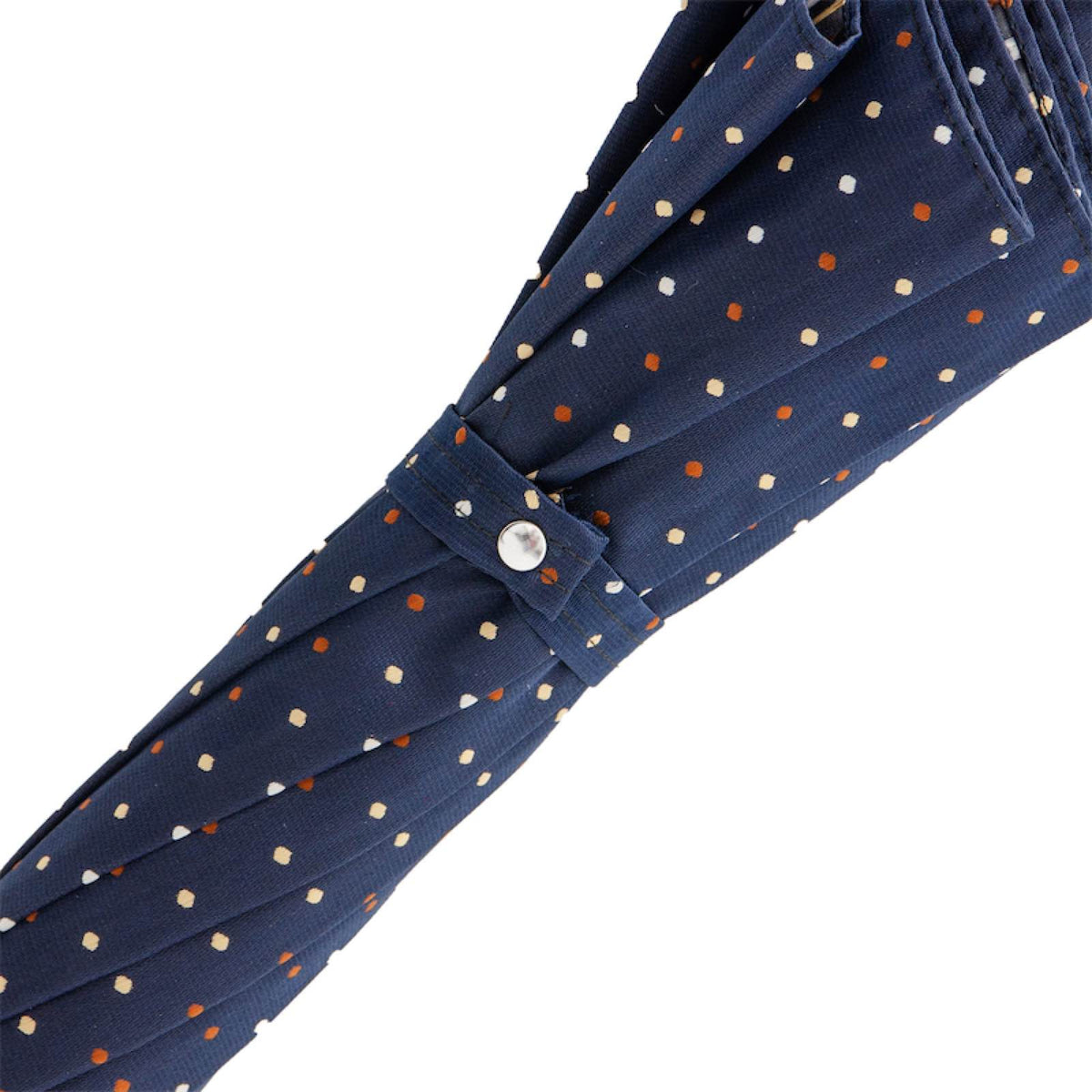 Fabric strap with silver-tone snap button on the furled canopy with white, beige and rust dots
