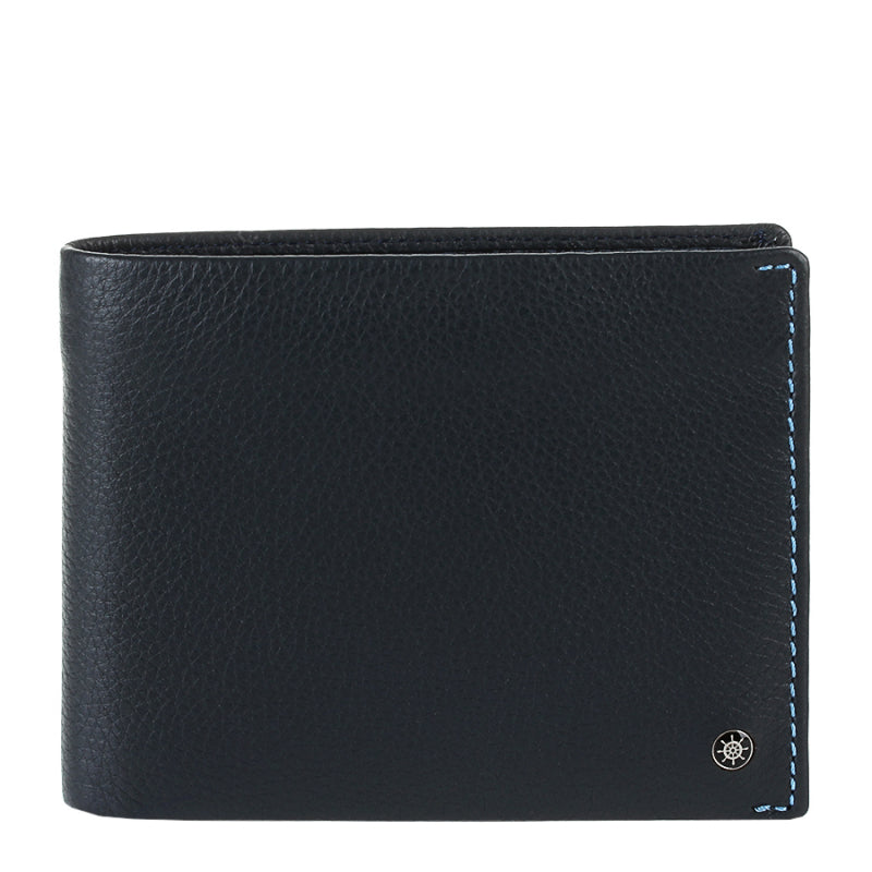Tony Perotti Timone 11013G navy leather bifold wallet, front view with ship's wheel emblem and blue stitching