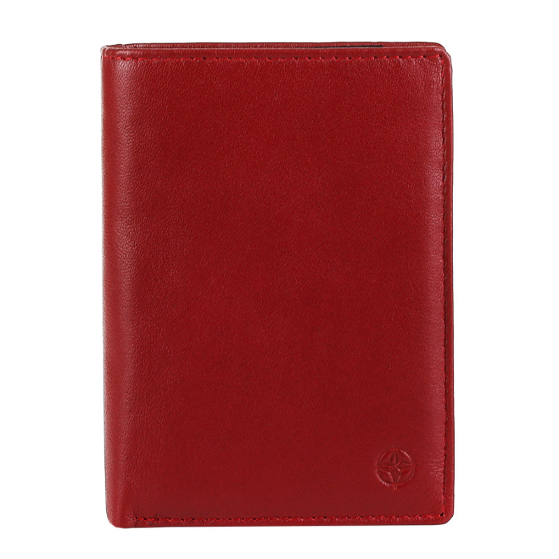 Red Tony Perotti Cortina 5031 vertical bifold wallet seen straight on, closed, with the embossed compass rose in the lower corner