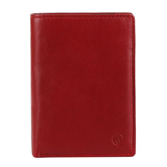 Red Tony Perotti Cortina 5031 vertical bifold wallet seen straight on, closed, with the embossed compass rose in the lower corner
