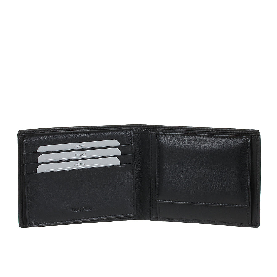 Tony Perotti Cortina 5052 nero opened — card slots and a slip pocket on the left, the snap coin pocket on the right