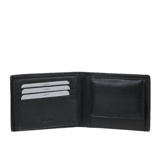 Tony Perotti Cortina 5052 nero opened — card slots and a slip pocket on the left, the snap coin pocket on the right