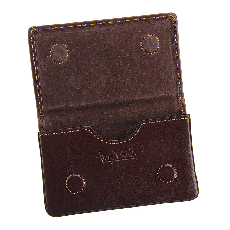 Dark brown leather business card holder opened flat showing suede lining and stitched magnetic snaps — Tony Perotti Italico 2678 moro
