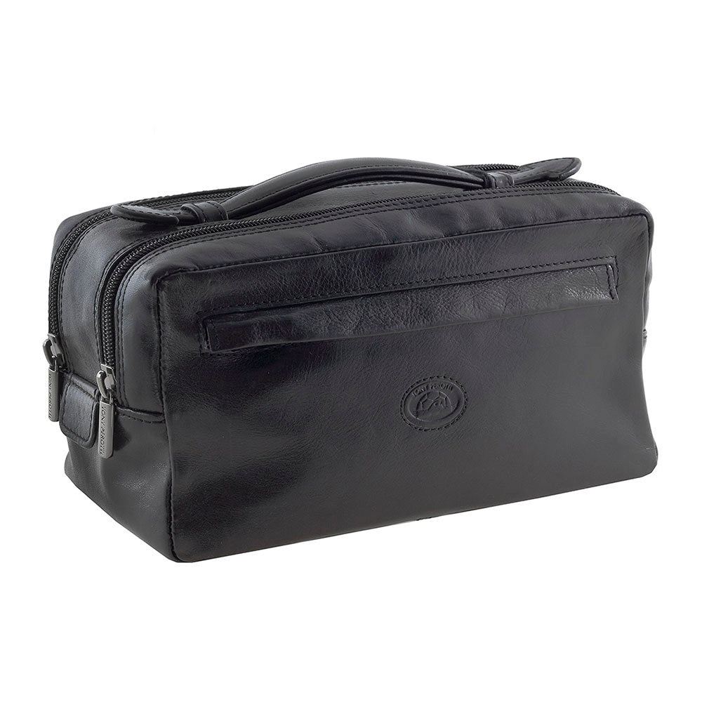 Tony Perotti Italico 8231 nero black leather toiletry bag — angled front view