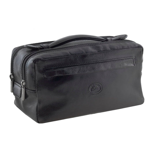 Tony Perotti Italico 8231 nero black leather toiletry bag — angled front view