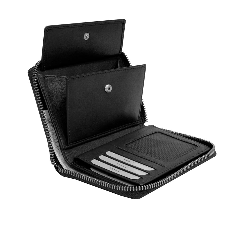 Tony Perotti Cortina 5086 nero opened with the coin pocket flap raised — the card slots and the document window beside it