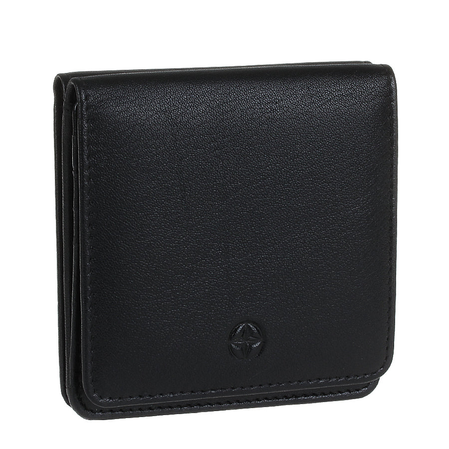 Black Tony Perotti Cortina 5064 mini wallet standing at a three-quarter angle, flap closed