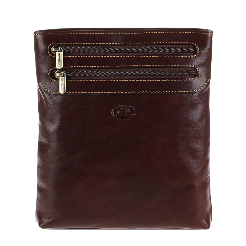 Tony Perotti Italico 6048 men's dark brown leather crossbody bag — front view with two zip pockets, contrasting stitching and embossed turtle emblem
