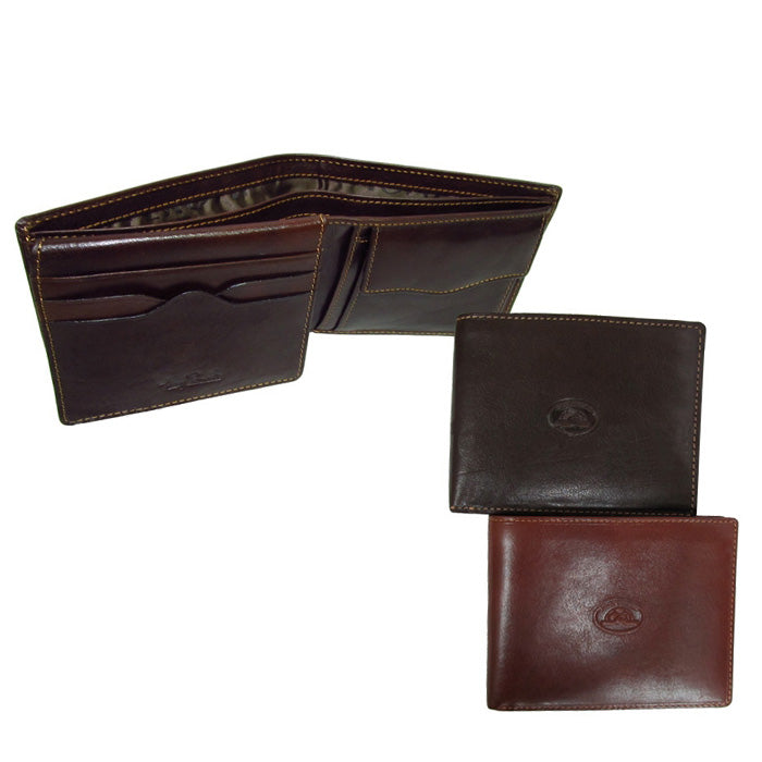 Tony Perotti Italico 533 bifold wallet shown in the brown colourways — one open showing card slots and coin pocket, two closed alongside (brown colourways shown)