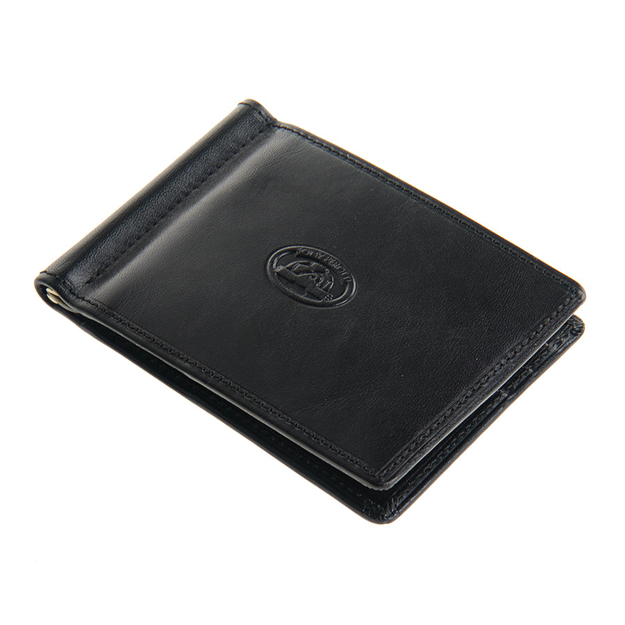 Tony Perotti Italico 2312 nero black leather money clip wallet closed, lying at an angle — embossed oval Tony Perotti emblem on smooth glossy leather